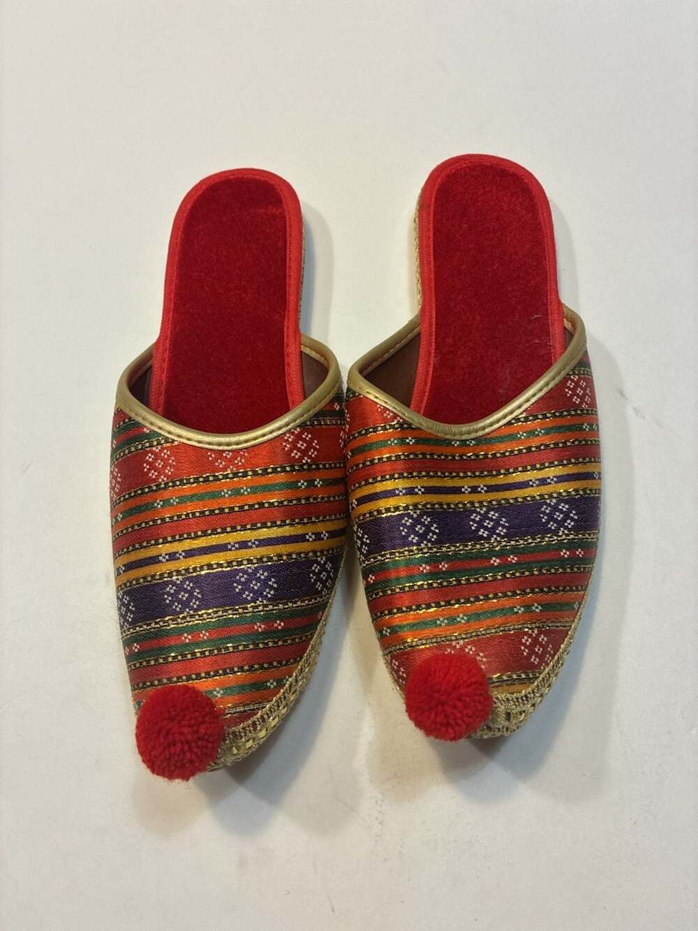 VTG Handmade Turkish Ottoman Kutnu Silk Striped Pom Pom Slippers